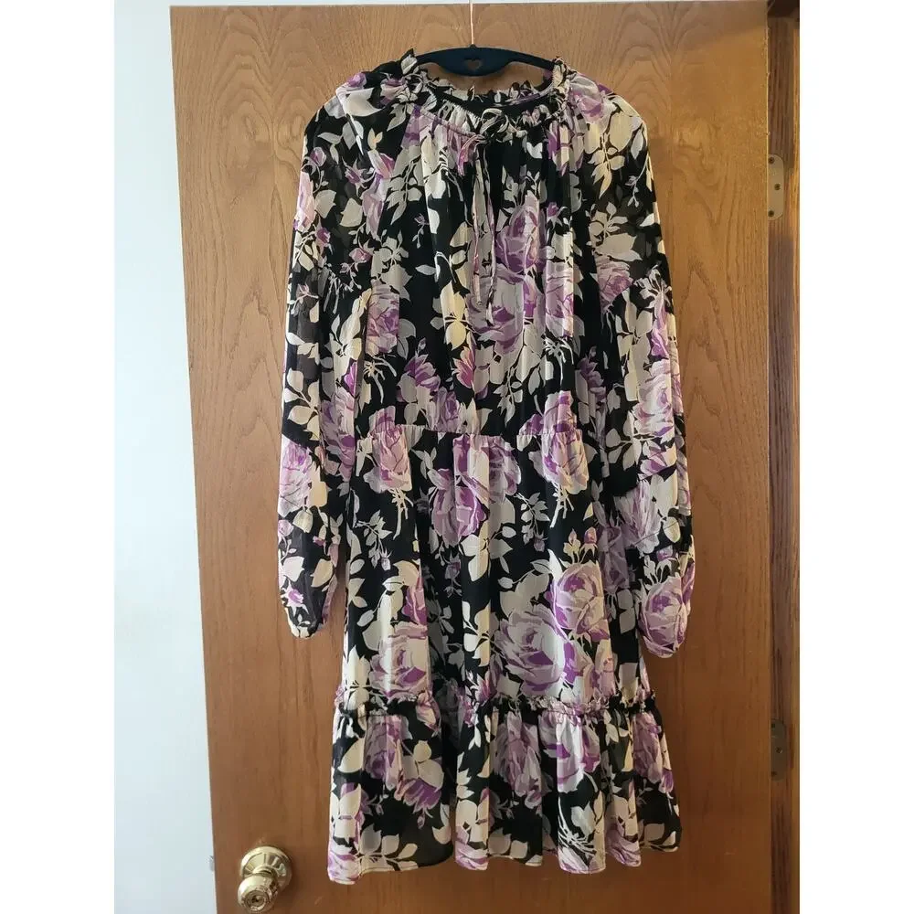 Ralph Lauren Floral Crinkle Georgette Tie Black Lavender Sparkle Dress EUC 8 - Picture 2 of 8